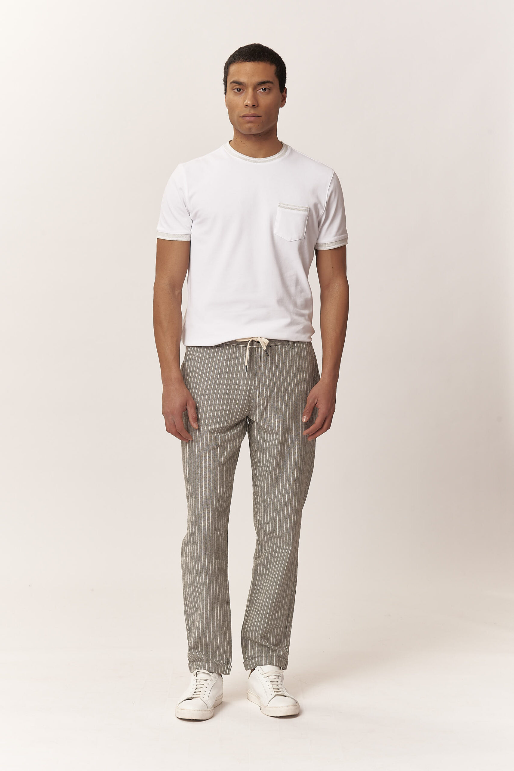 LINEN BLEND PINSTRIPE LACE TROUSERS