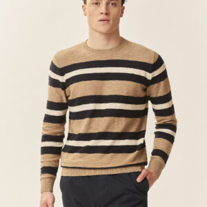 GU036-HALSAUSSCHNITT-ML-STREIFEN-GARNGEFÄRBT-SLUB-BEIGE-49 GESTREIFTER PULLOVER |