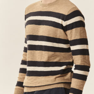 GU036-HALSAUSSCHNITT-ML-STREIFEN-GARNGEFÄRBT-SLUB-BEIGE-51 GESTREIFTER PULLOVER |