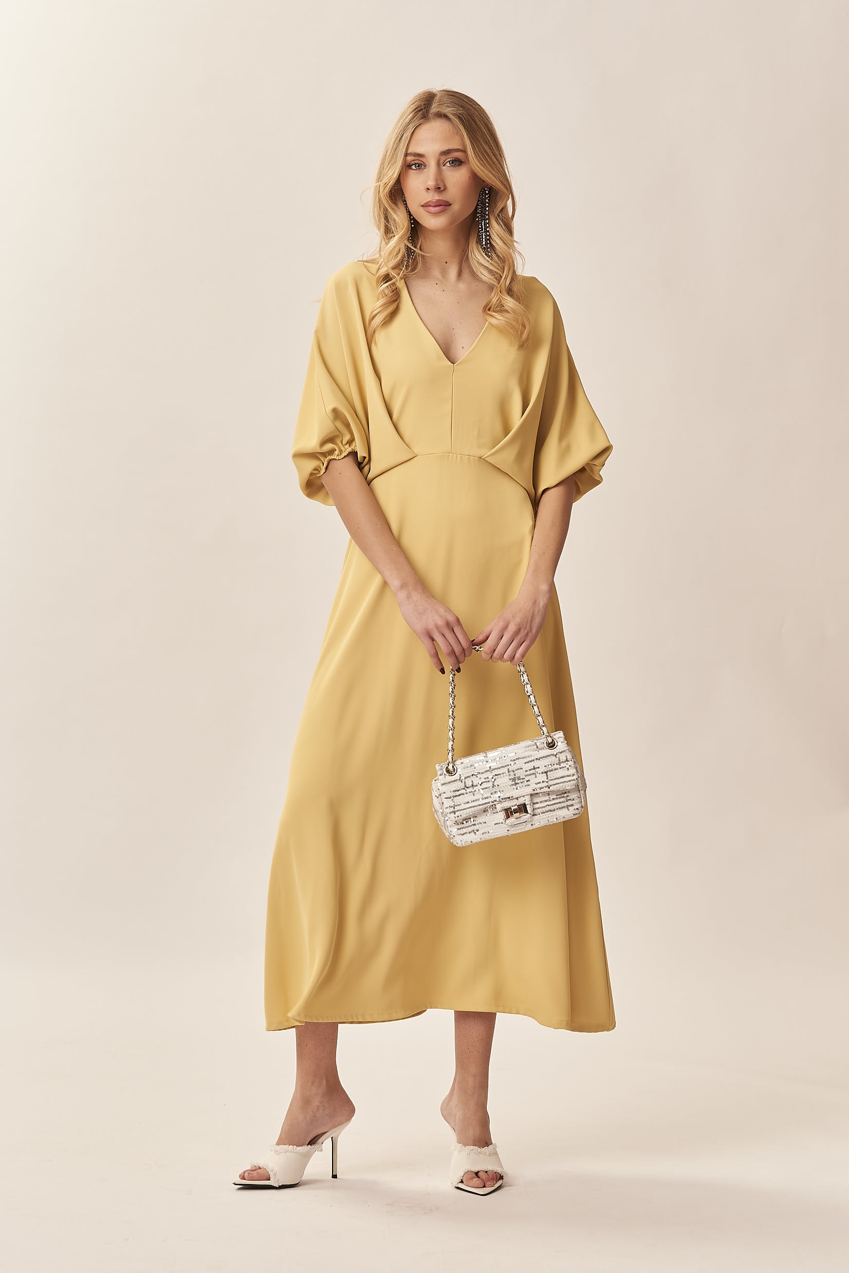 BALLOON SLEEVE DRESS V-NECK