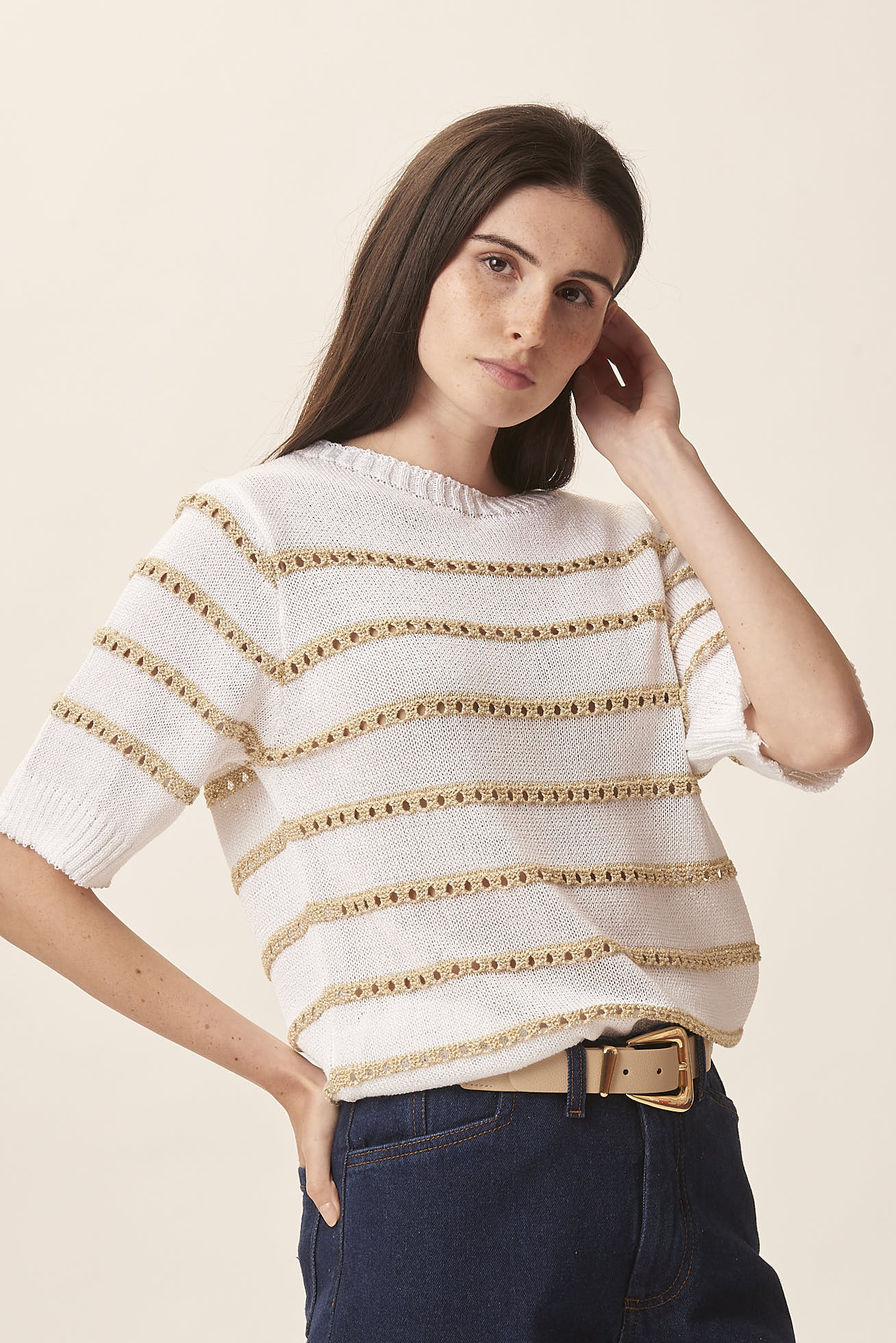 LUREX STRIPED SHORT-SLEEVED SWEATER
