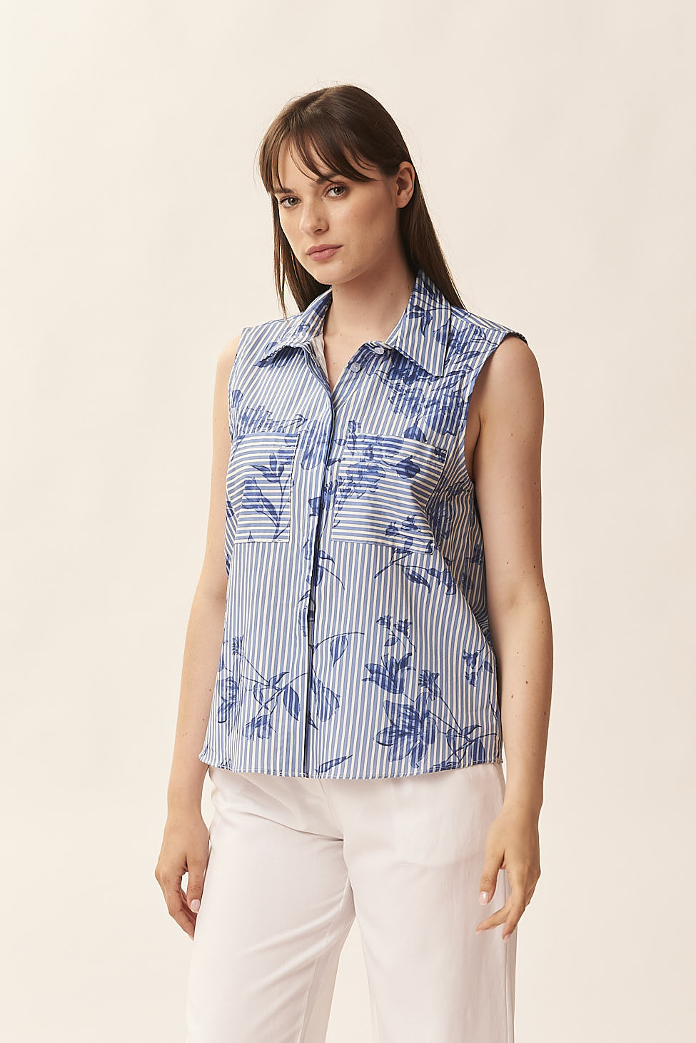 ÄRMELLOSE BLUSE MIT PRINT - S, BLAU