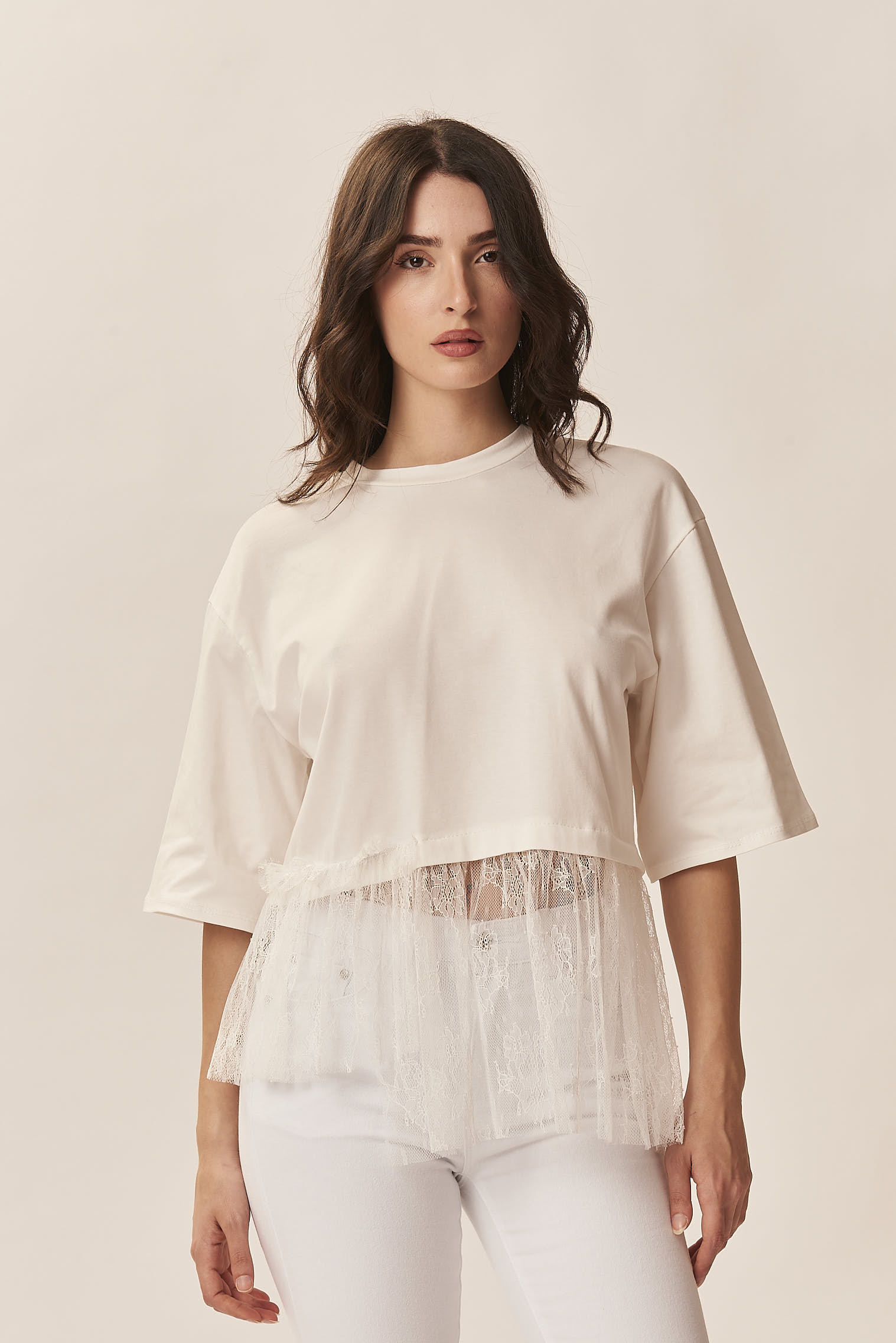 T-SHIRT WITH LACE - S, WHITE