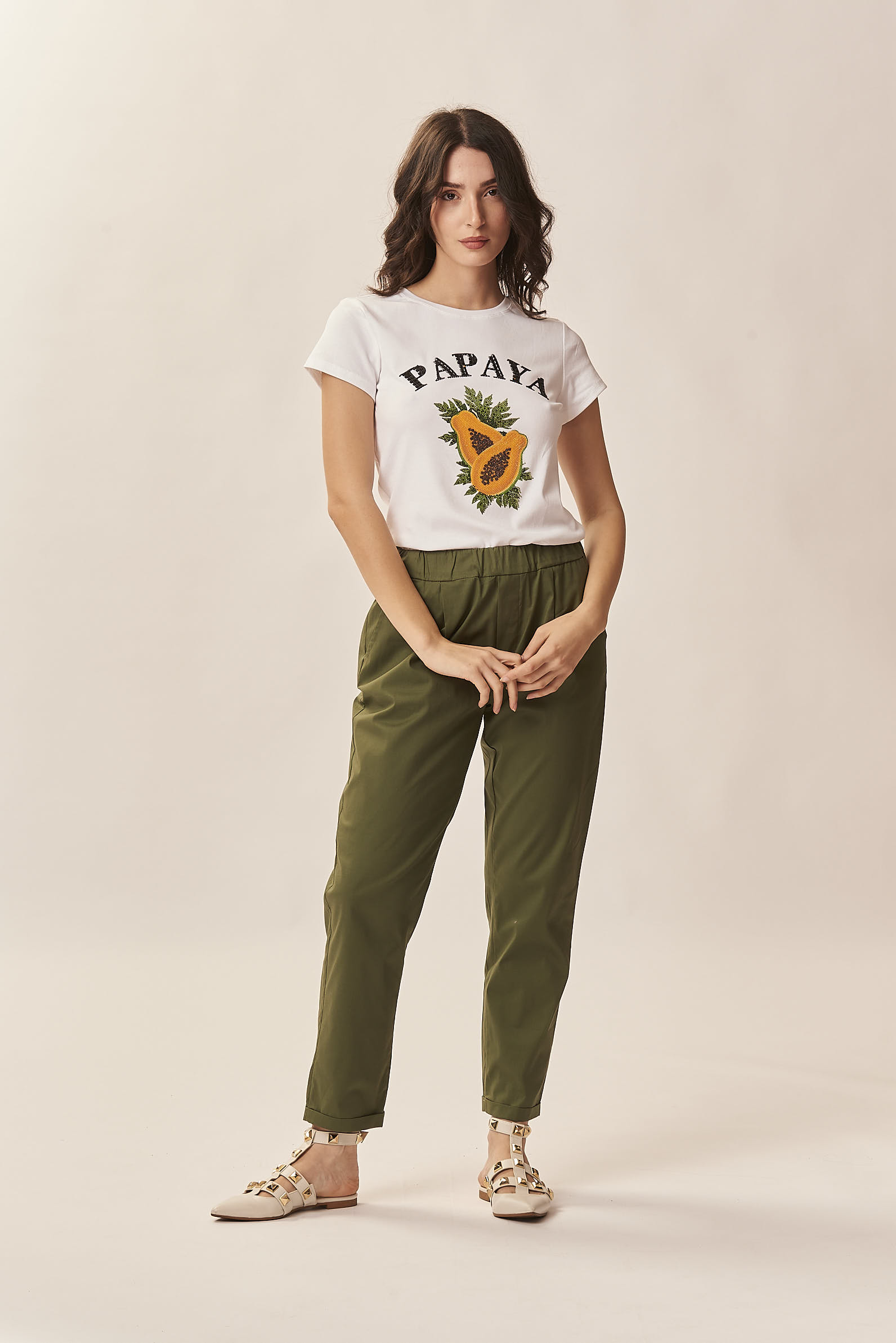GD428-PANTALONE-TU-POP-LEGGERO-MILITARE-26 TROUSERS WITH ELASTIC AND PLEATS IN LIGHT POPLIN |