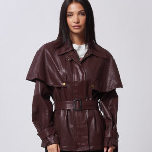 HD185-TRENCH-SHORT-FAUX LEATHER-BURGUNDY-911 SHORT FAUX LEATHER TRENCH COAT |
