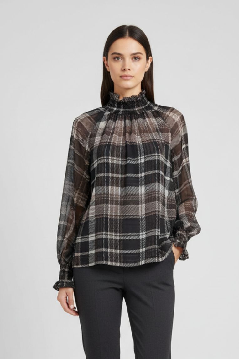 BLUSE MIT ELASTISCHEM KAROKRAGEN