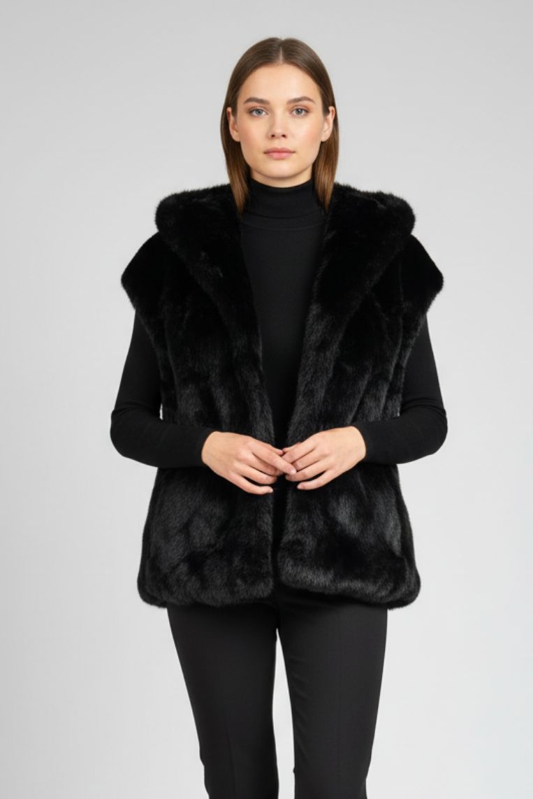 FAUX FUR VEST WITH HOOD