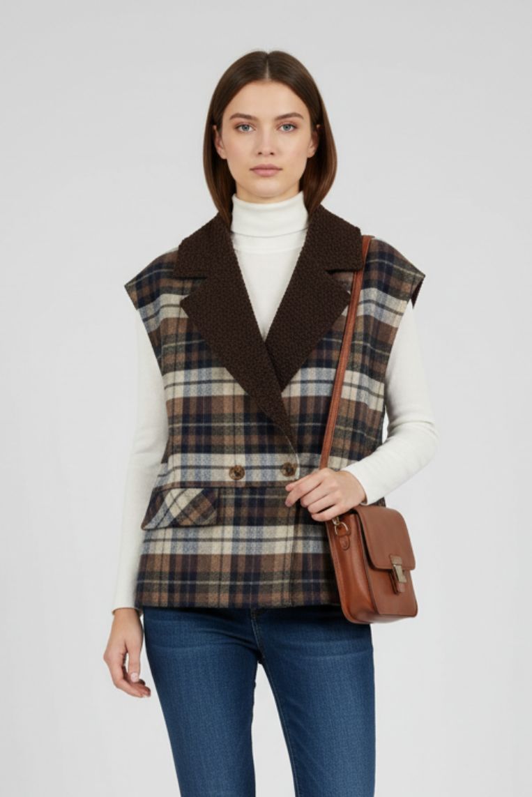 CHECK VEST WITH TEDDY DETAILS