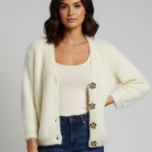 HD303-STRICKJACKE-KNÖPFE-JUWEL-WEISS WEICHE STRICKJACKE MIT JUWELENKNÖPFEN |