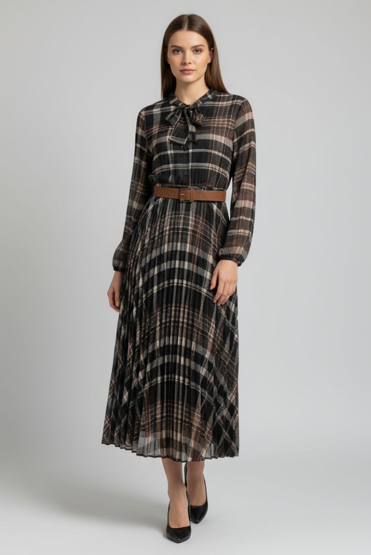 KARIERTES KLEID MIT SCHLEIFE UND GÜRTEL