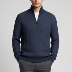 HU051-BLAU ROLLKRAGENPULLOVER MIT HALBEM REISSVERSCHLUSS |