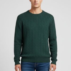 HU053-SWEATER-WITH-CABLES-GREEN CREW NECK WITH BRAIDS |