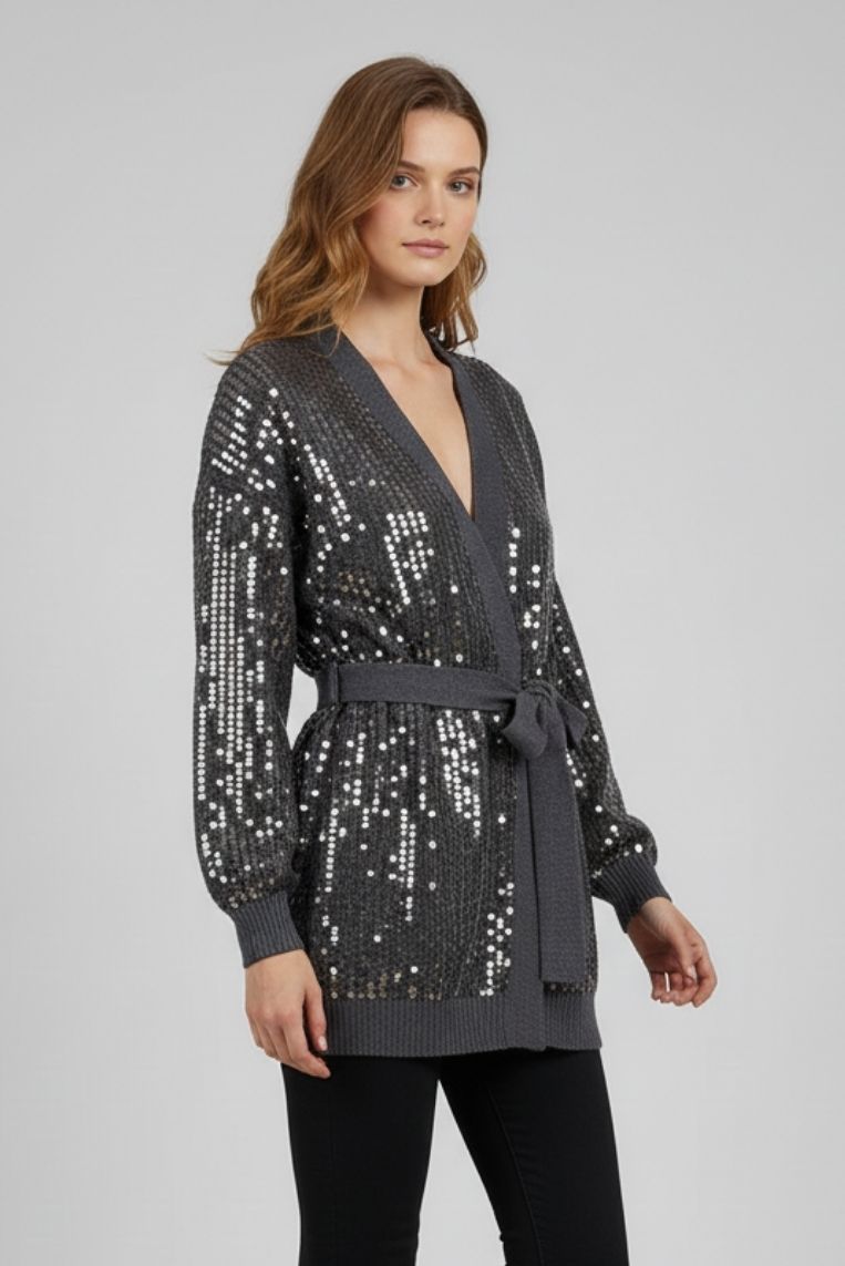 CARDIGAN CON CINTURA E PAILLETTES |
