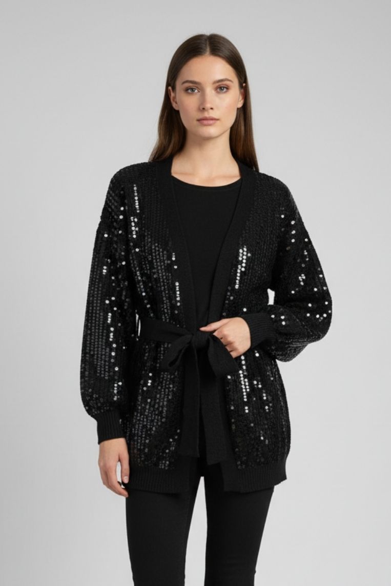 CARDIGAN CON CINTURA E PAILLETTES