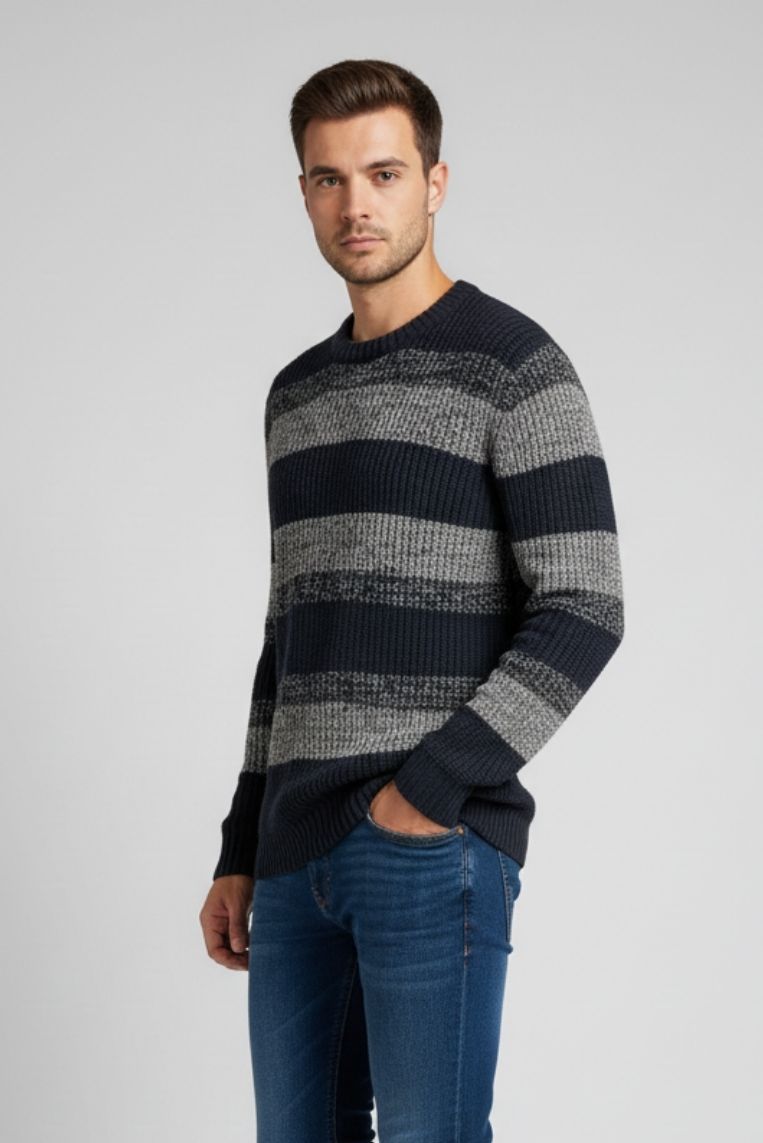hu211-blu MAGLIONE A RIGHE MELANGE |