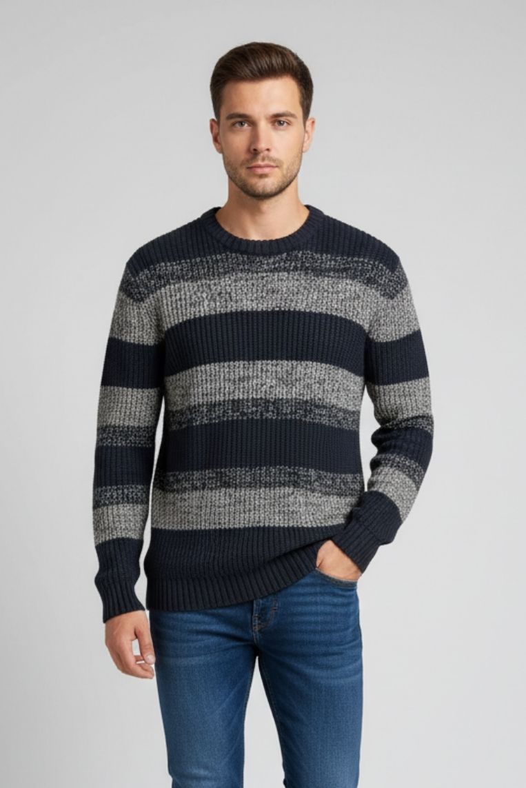 hu211-blu1 MAGLIONE A RIGHE MELANGE |